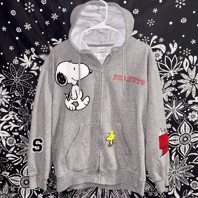 Peanuts Snoopy & Woodstock Gray Full Zip Sweatshirt Hoodie Patch Large EUC