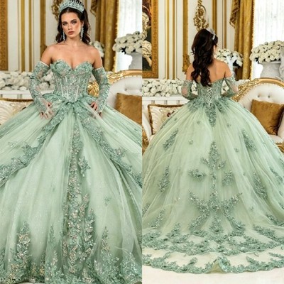 sage green dress accessories Quinceanera Ball Gown Off Shoulder Lace Applique Sweet 15 Dress bogo-dress-cart