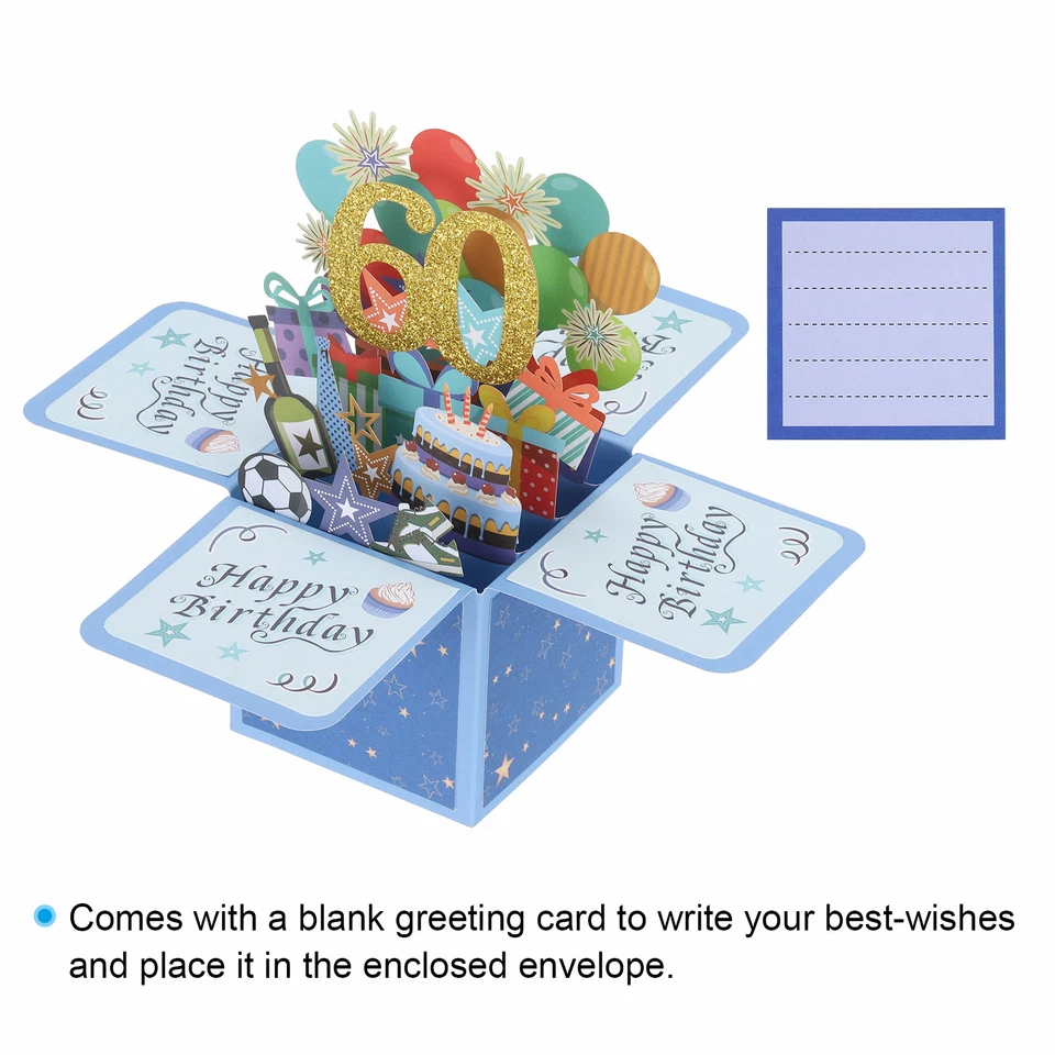 Tarjeta de cumpleaños pop-out 60 cumpleaños para niño mujer azul Foto 3 de 4