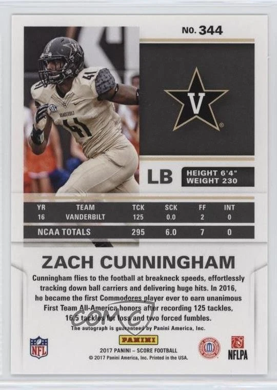 2017 Score Rookies Rookie Signatures First Down /10 Zach Cunningham #344 Auto RC - Image 2 of 2