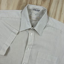 Vintage 70s Disco Men's Short Sleeve Button Shirt Beige White Stripe 15.5