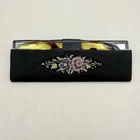 Vintage Mini Comb and Mirror Travel Set Embroidered Floral Pattern Black Case