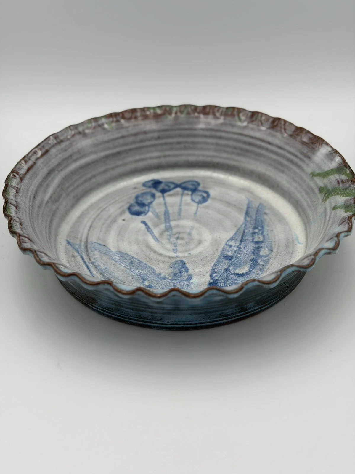 Studio Pottery Blue Flower Quiche Tart Pie Plate 10.5”Glazed Ruffled Edge Signed