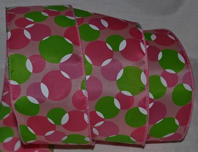 Wired Ribbon~Hot Pink Spot~Spring Green Dot~White~2.5''~Bubbles~Wreath~Gift~Bow