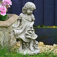 Girl with Bunny Stone Statue | Outdoor Garden Ornament Lady Child Rabbit Decor