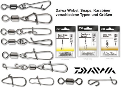 Daiwa Wirbel Auswahl an Snap, Karabiner, No Knot verschiedene Typen und Größen 