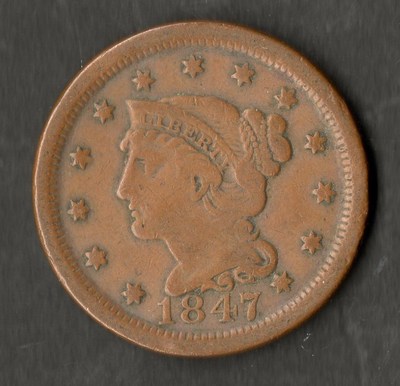 USA große Größe Kupfer One Cent 1847 NVF Liberty Head geflochtenes Haar