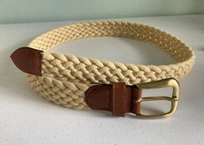 Vintage Cotton Rope Belt Leather w/Brass Buckle Beige Size M 34/37 Italian Made 
