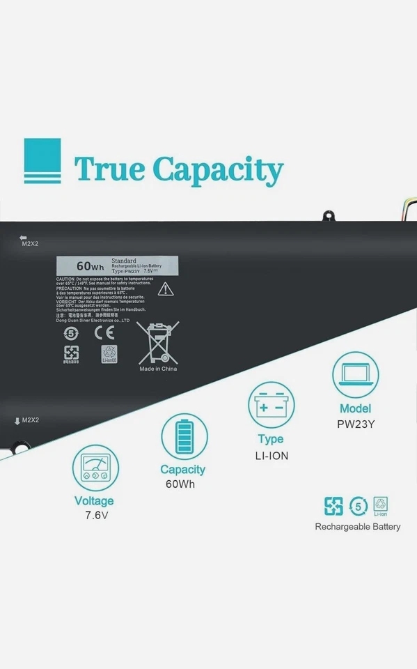 Bateria de notebook Pw23Y 60Wh compatível com Dell Xps 13 9360 Series Rnp72 13-936 - Imagem 3 de 4