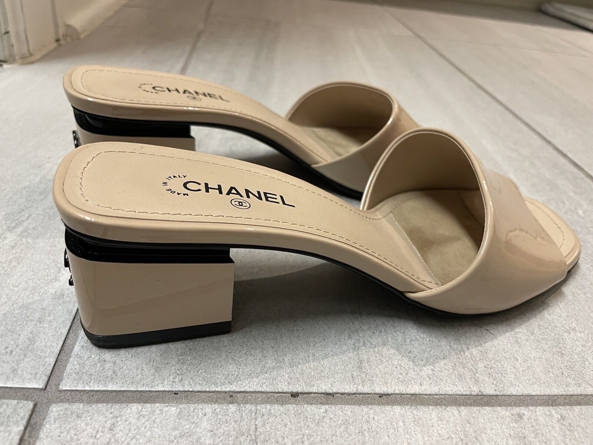 Authentic Chanel Patent Leather Tan Nude CC Logo Block Heel Mules