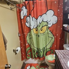 Grinch On Red Background Merry Christmas Shower Curtain or Bathroom Set.