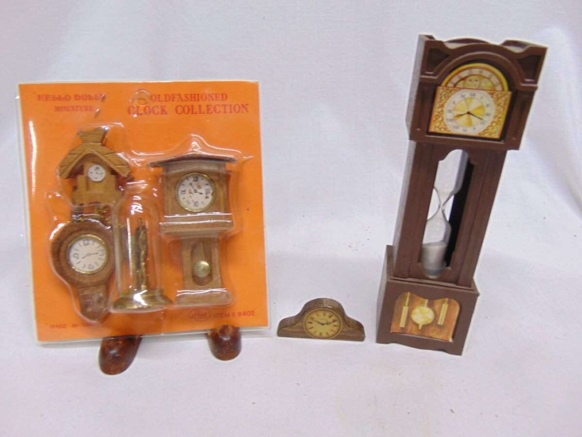 Hello Dolly Miniatures Various Clocks w/ Grandfather Clock w/Hour Glass timer photo Hello Dolly Miniatures Various Clocks w/ Grandfather Clock w/Hour Glass timer photo