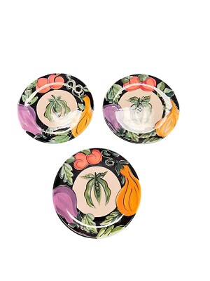 3 Vicki Carroll BON APPETITE Vegetable 10'' Dinner Plates Hand Painted - Damage