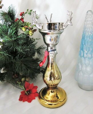 Martha Stewart Mercury Glass Pillar Candle Holder Gold Silver Stag Deer Head 15''
