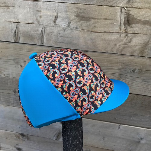 Horse Riding hat silk fur Pom, Wool Or Button Top dragon design Turquoise - Picture 16 of 41