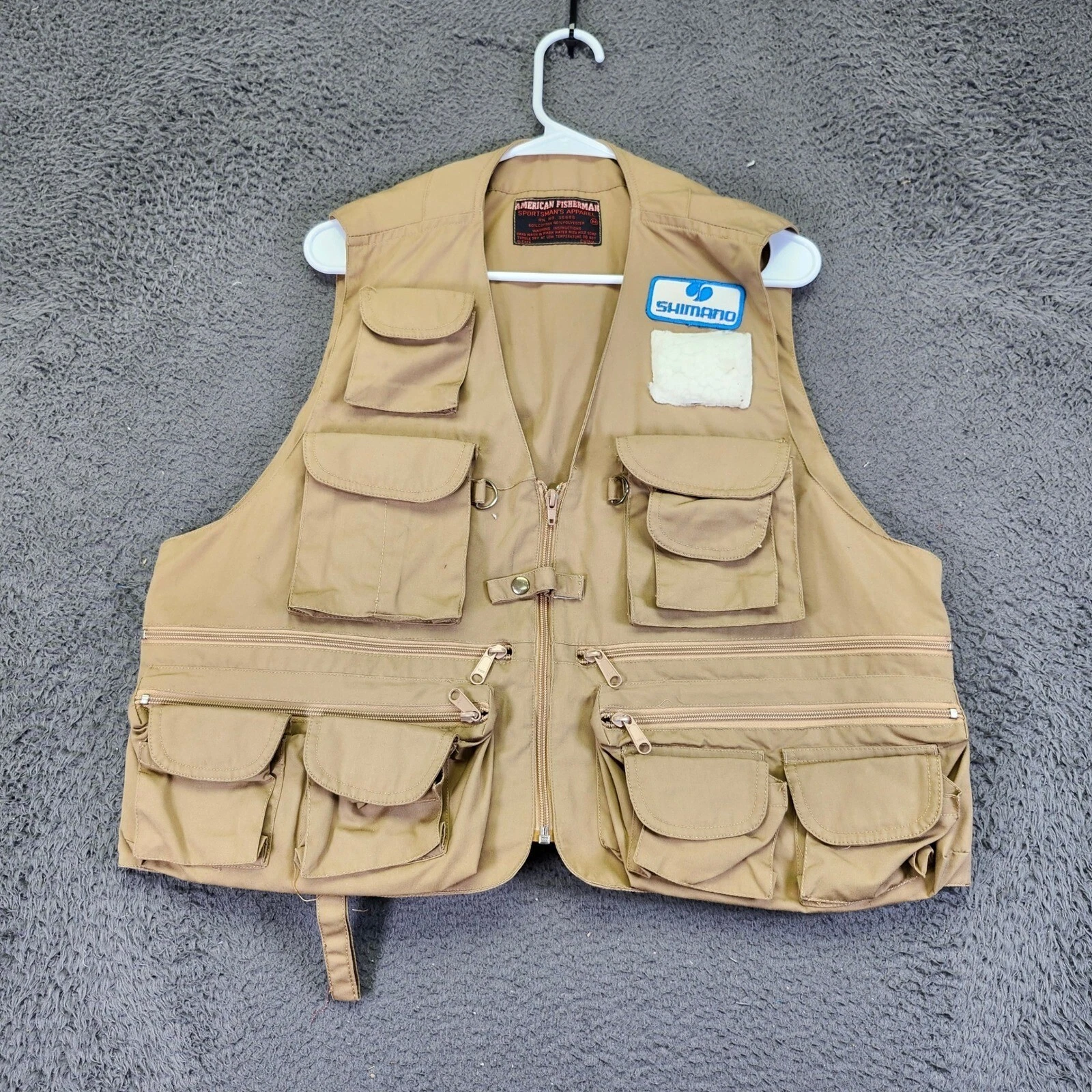 American Fisherman Fishing Vest Utility Pockets Shimano Patch Tan Size M