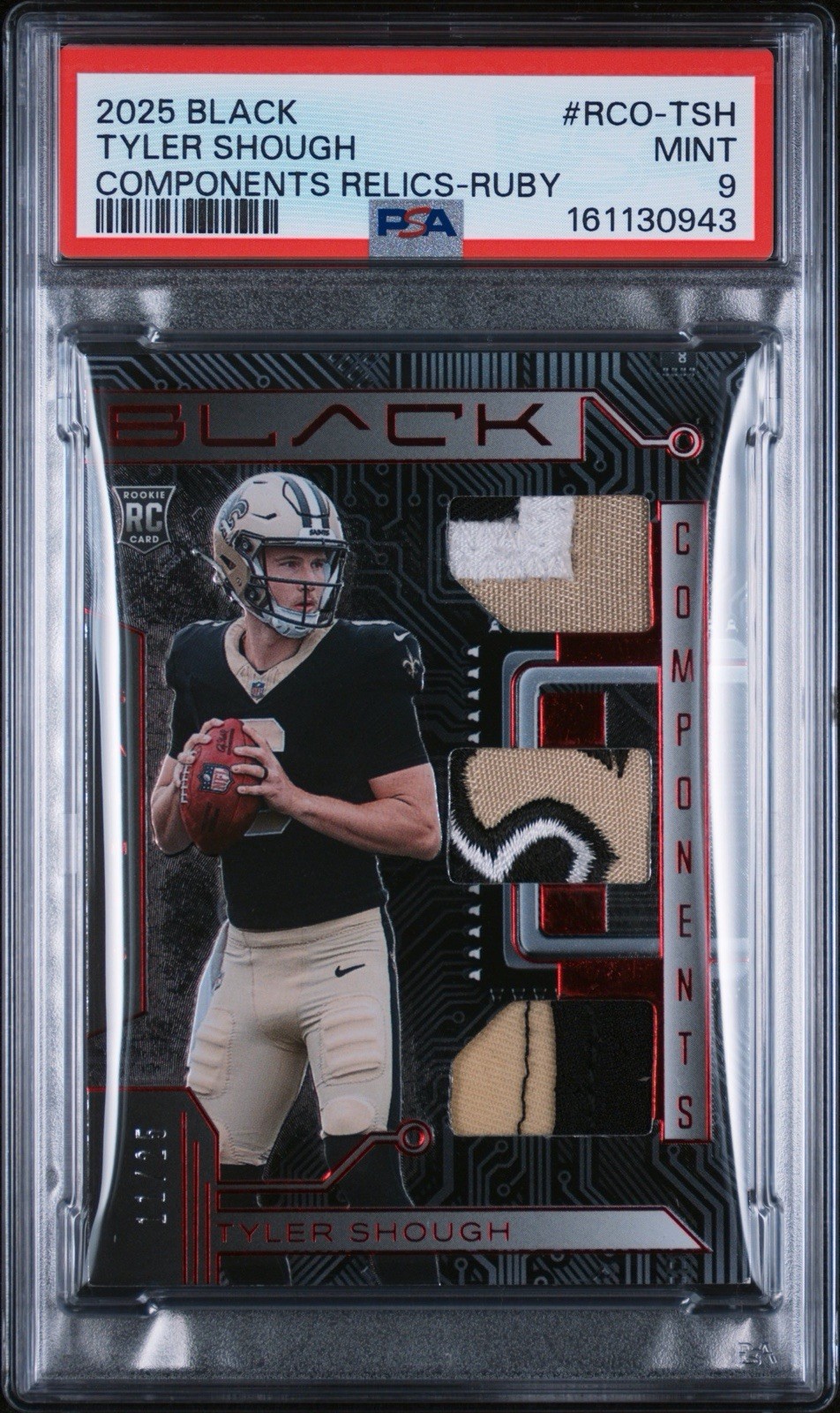 🔥 Tyler Shough 2025 Panini Black Rookie Patch RC Ruby /25 PSA 9 Saints