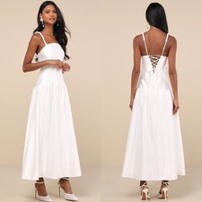 NWT Lulu’s Modern Adoration White Satin Backless Lace-Up Maxi Dress Small
