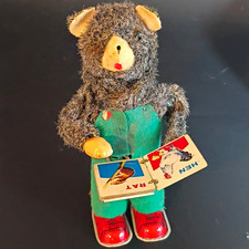 Vintage Wind-Up Plush Teddy Bear Holding Book "FOX" "CAT" 17 Gray Green Pants