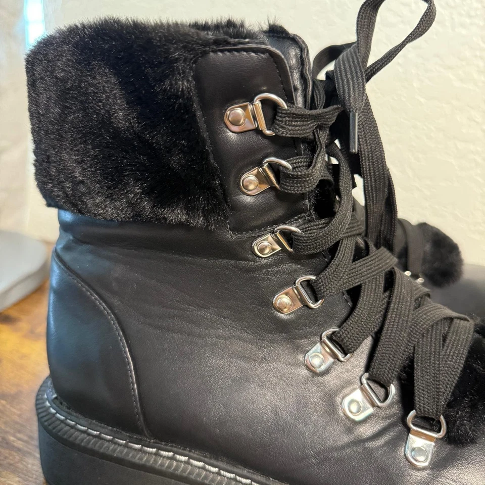 Nicole Miller Leather Combat Lace Up Boots Faux Fur Women's Mid Calf Sz. 9 - Image 4 of 4