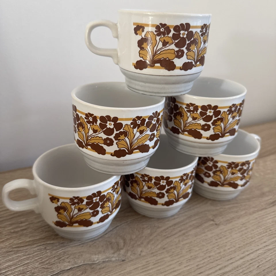 Lot 6 Tasses à café vintage - Kiln Craft - Décor Floral Marron Années 70-80 - Photo 2/4