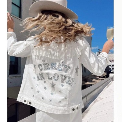 Show Me Your Mumu Crazy In Love White Fringe Denim Jacket Star Bride Sz L