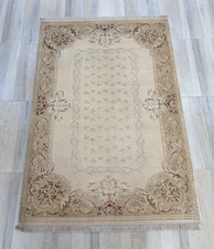 Tapis vintage 4 x 6 pieds noué à la main pure laine crème style savonnerie fr...