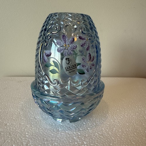 Fenton Carnival Blue Fairy Lamp Basketweave Hand painted Flowers & Artist Signed
