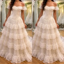 Lace Ivory Wedding Dress Off Shoulder Vintage Ruffles Tiered A Line Bridal Gowns