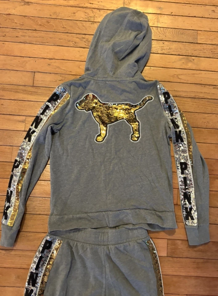 VICTORIA’S SECRET PINK Gray Small Sequin Bling Set Hoodie & Jogger Logo & Print - Image 4 of 4