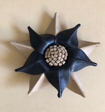 Faux Leather Fabric Metal Clip Sunflower Starburst 2 Tone Black Tan Beads