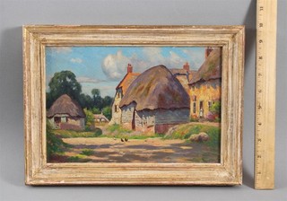 Antique Signed Impressionist French Chaumieres Cottage & Chickens Oil Painting