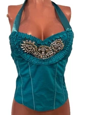 Y2K Blue Bustier Top Rhinestone Embellish Smocked Back NWTS Deadstock 2K Rave M