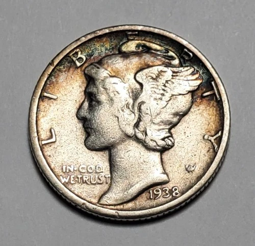 TONED 1938 P MERCURY DIME 90% SILVER TONING #C9287
