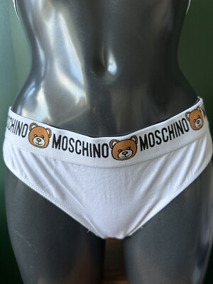 Moschino Designer Women s Brief White Logo Size 1 XS Premium Lingerie RRP £75