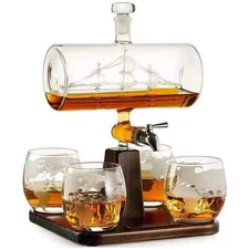 Wine Savant - Whiskey & Wine Ship Decanter 1000ml With 4 Globe Drinking Glasses
