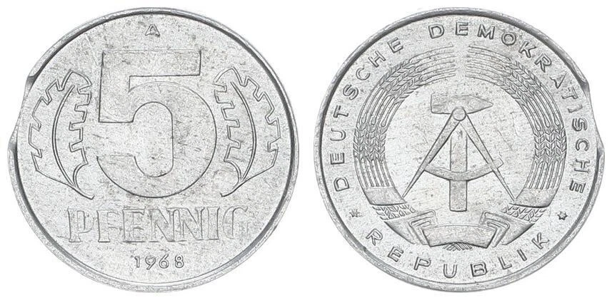DDR 5 Pfennig 1968 Fehlprägung mit Zainende 91269 - Bild 1 von 1