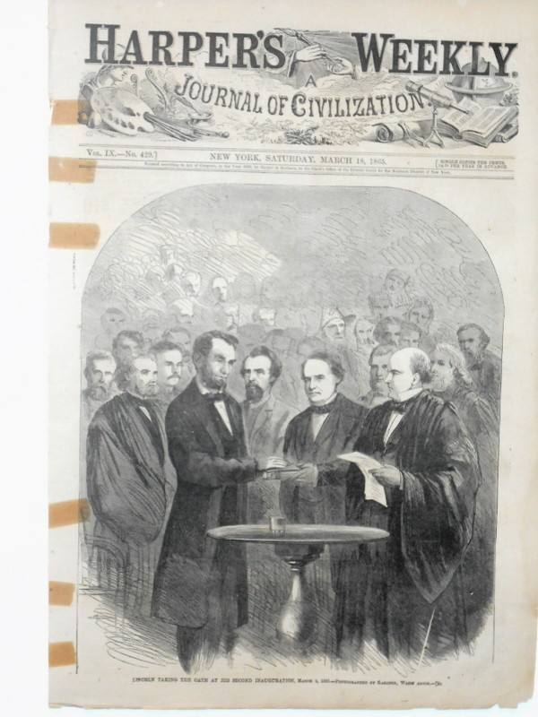 Harper's Weekly Cover  Civil War Engraving Abe Lincoln Inauguration Oath 1865