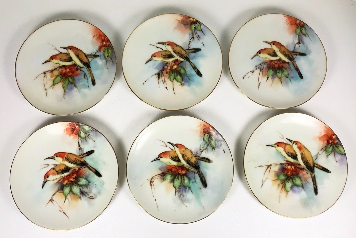 Set of 6 BIRDS Vintage Hand Painted Plate 6 1/4