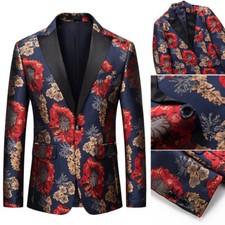 Mens Floral Jacquard Blazer Suit Lapel Jacket Dress Showman Cocktail Gentle Chic