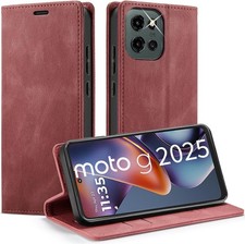 Wallet Case Card Holder for Moto G 5G 2025/2026/Play 2026 Red RFID Blocking