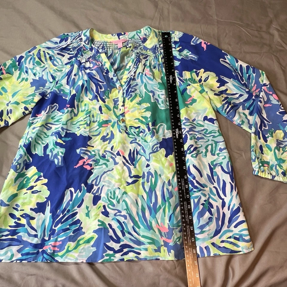 Lilly Pulitzer Elsa Silk Top Womens Large L Sea Ocean Coral Blue Green Shirt * - Image 4 of 4