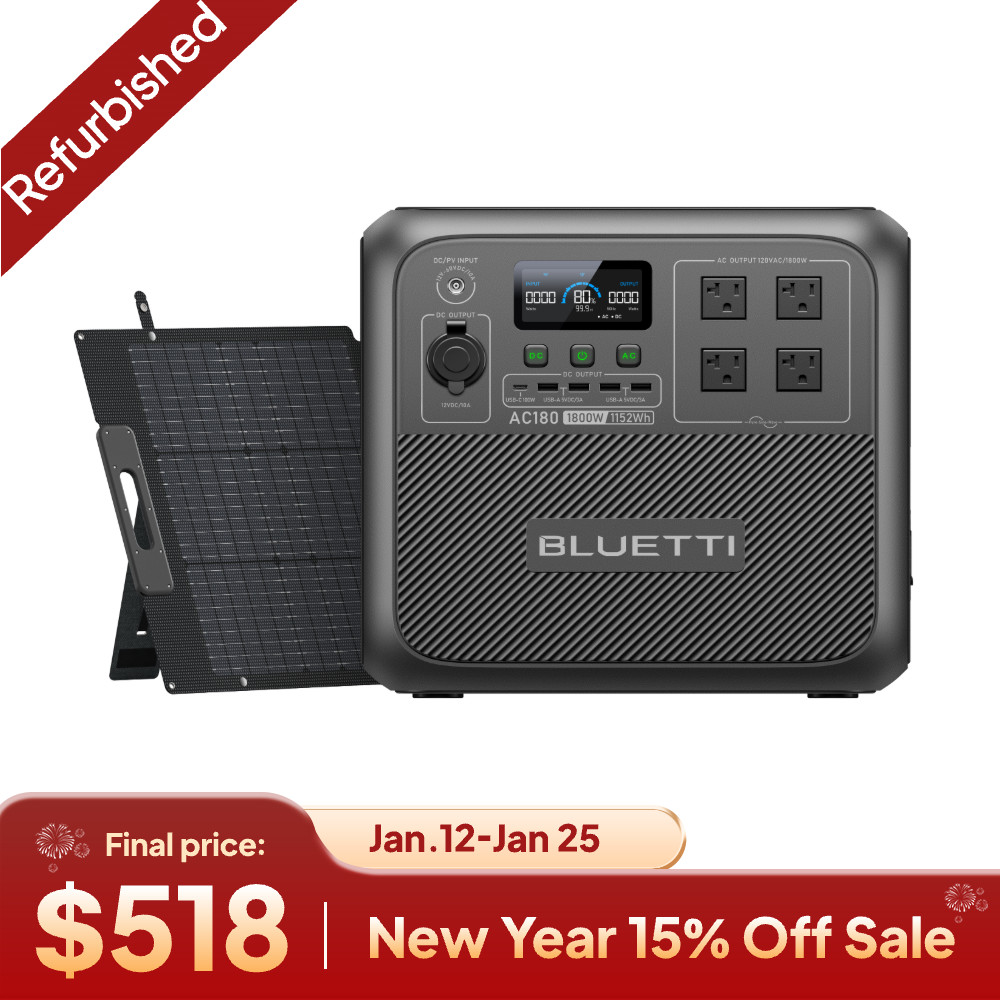 BLUETTI AC180 Solar Power Station 1152Wh with 200W Solar pan