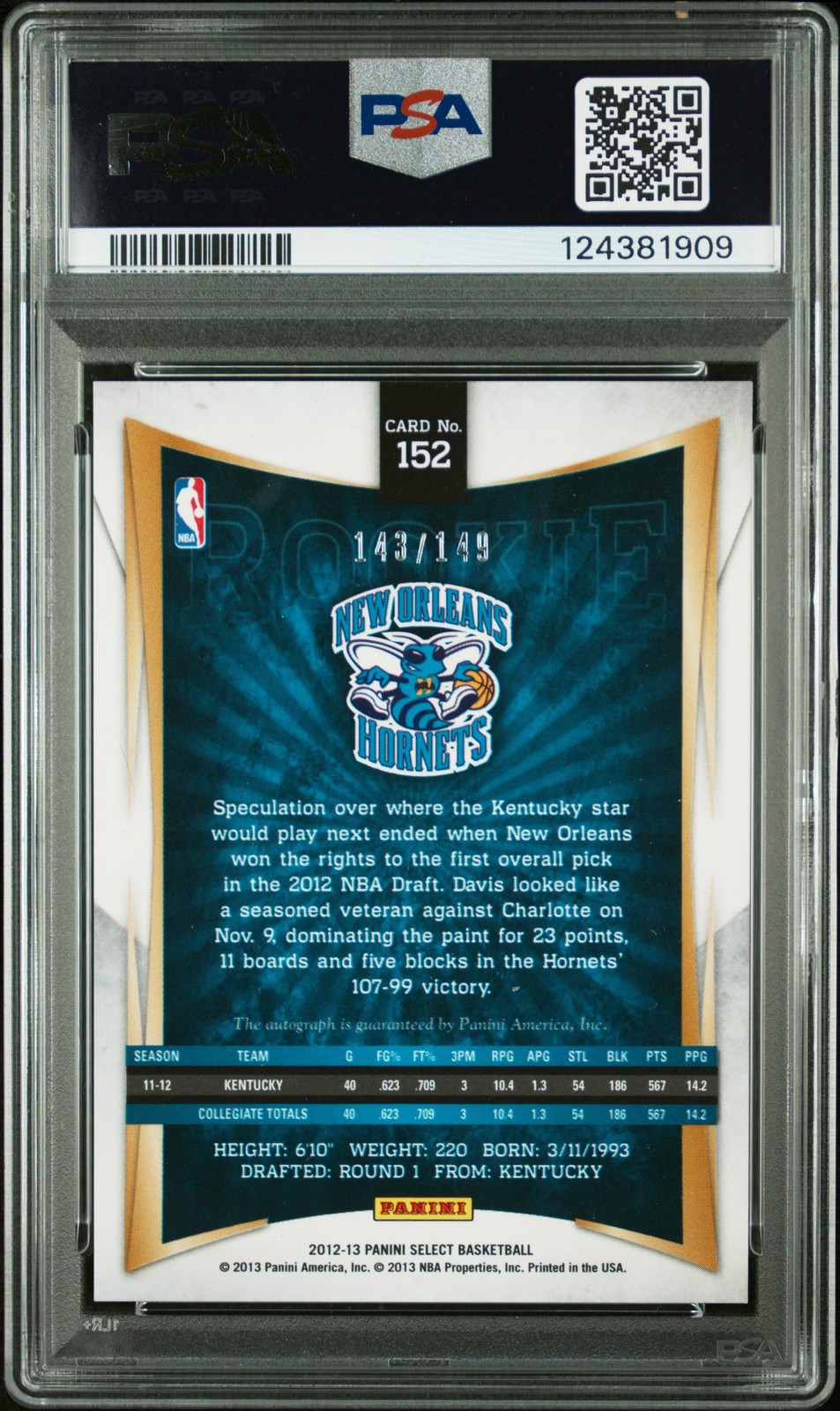 2012 PANINI SELECT AUTO #152 ANTHONY DAVIS ROOKIE RC 143/149 PSA 9 DNA AUTO 10 view 2