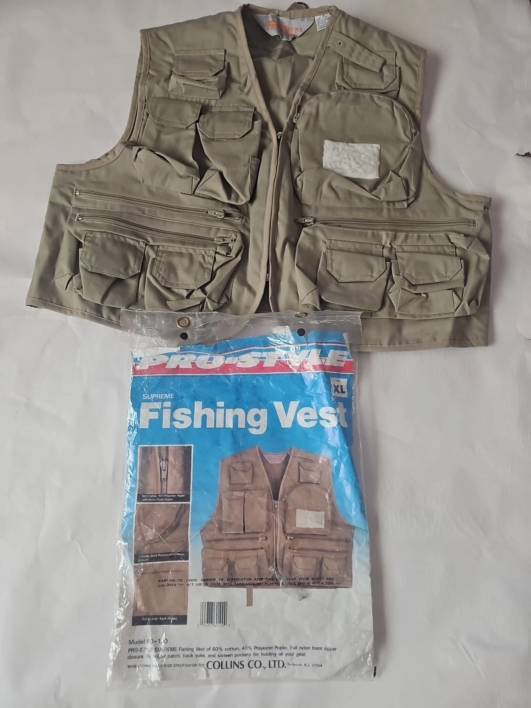 New With Tag Vintage Pro Style Fly Fishing Vest Large Beige Pockets Zip XL