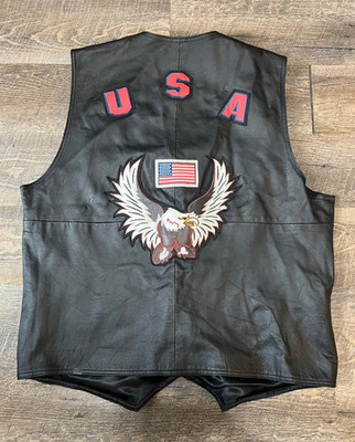 Oscar Piel Leather Biker Vest Mens 2XL Black Eagle USA Flag Patch Motorcycle