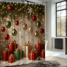 Christmas Shower Curtain with Red and Green Ornaments