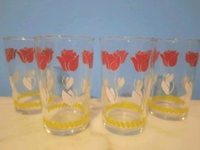 Juego de 4🌷 De Colección Federal Vidrio Rojo Tulipán Hojas Blancas Banda Amarilla Jugo Vaso