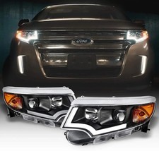 - LED DRL Black Projector Headlights Compatible with 2011-2014 Ford Edge Halogen