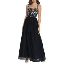 Blondie Nites Black Evening Gown Jeweled Tulle Strappy Back A-Line Dress Size 7